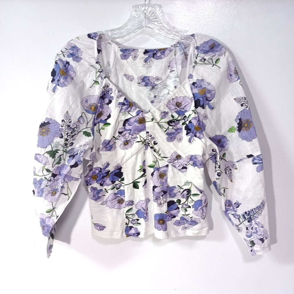 Anthropologie V-Neck Ruched Knit Top in Purple Floral Size XS - Picture 2 of 7